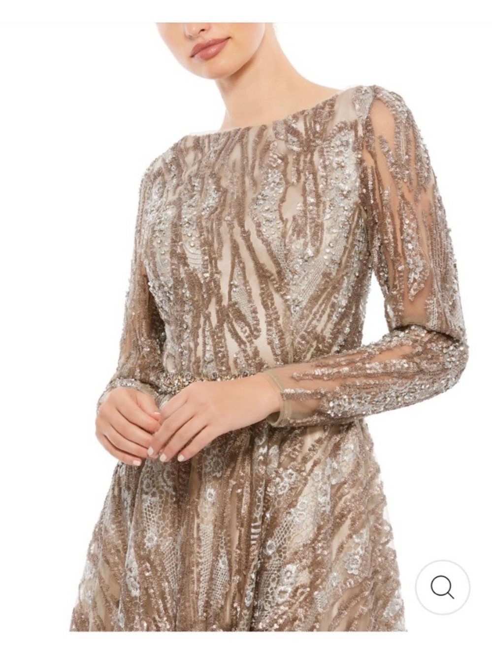 Mac Duggal New Sequin Long Sleeve BATEAU A Line Gown in Mocha